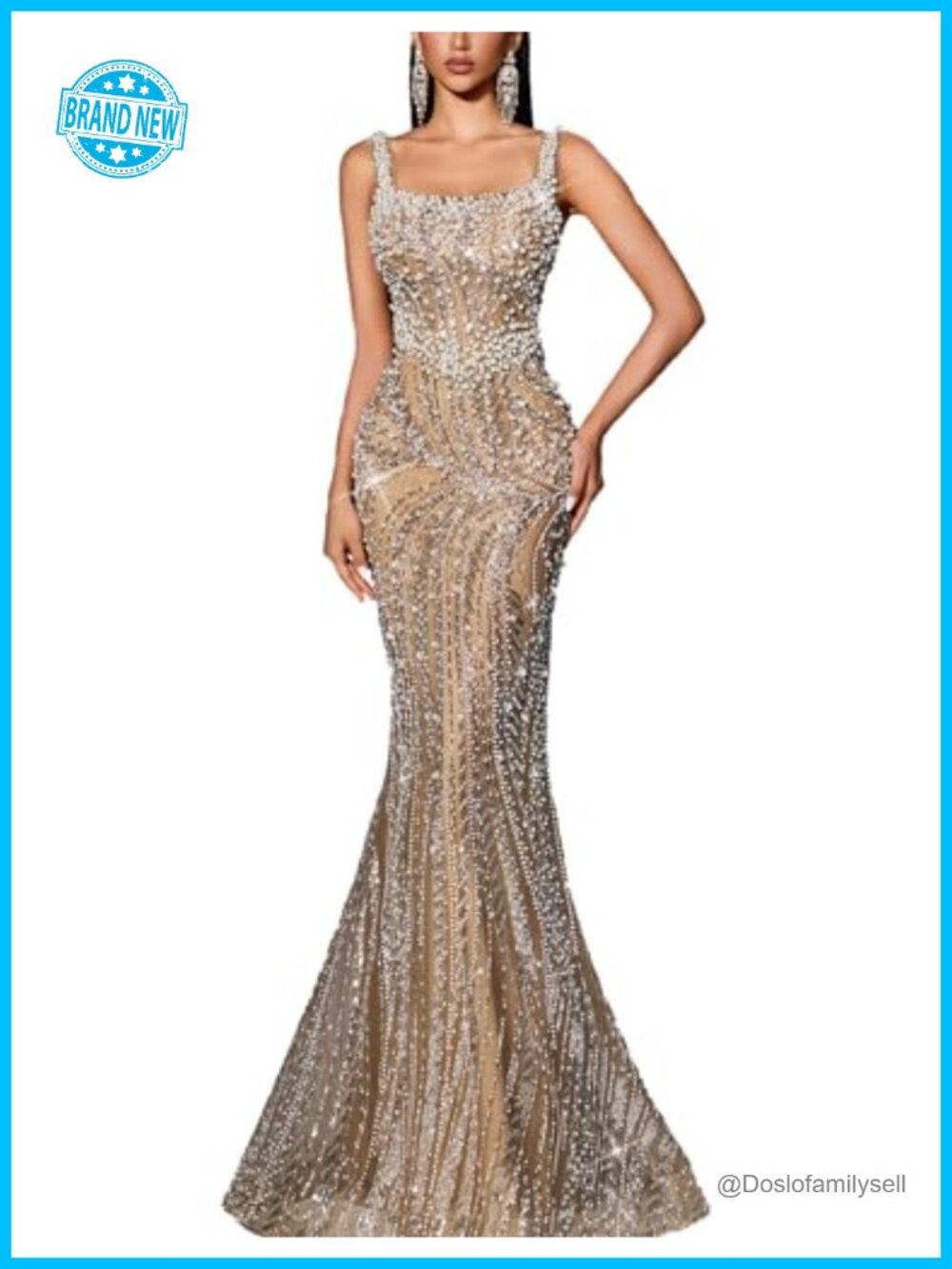 Sequin Beaded Mermaid Prom Dress Square Neck Spaghetti Strap Formal Gown